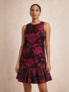 Hutch Anthropologie Black Red Floral Jacquard Drop Waist Dress Size S